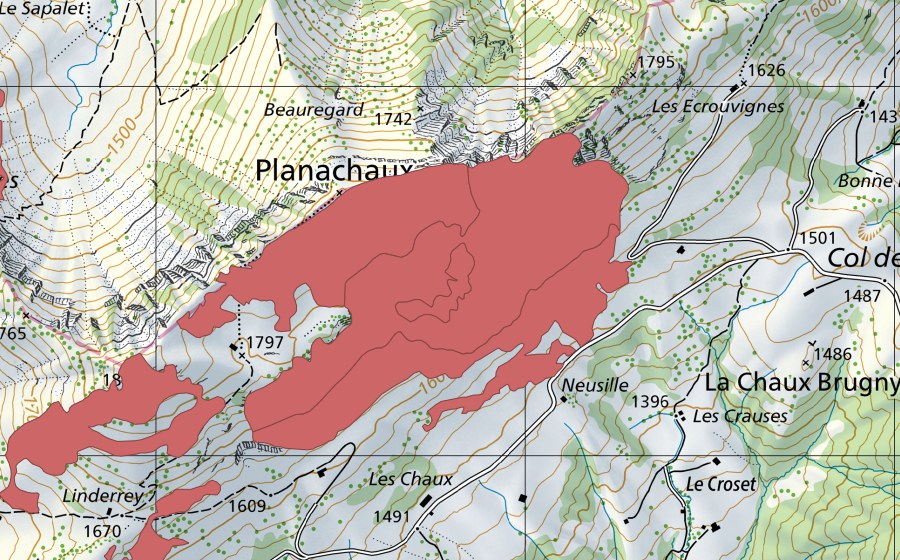swisstopo national map showing the protected perimeter of Planachaux (Dry meadow)
