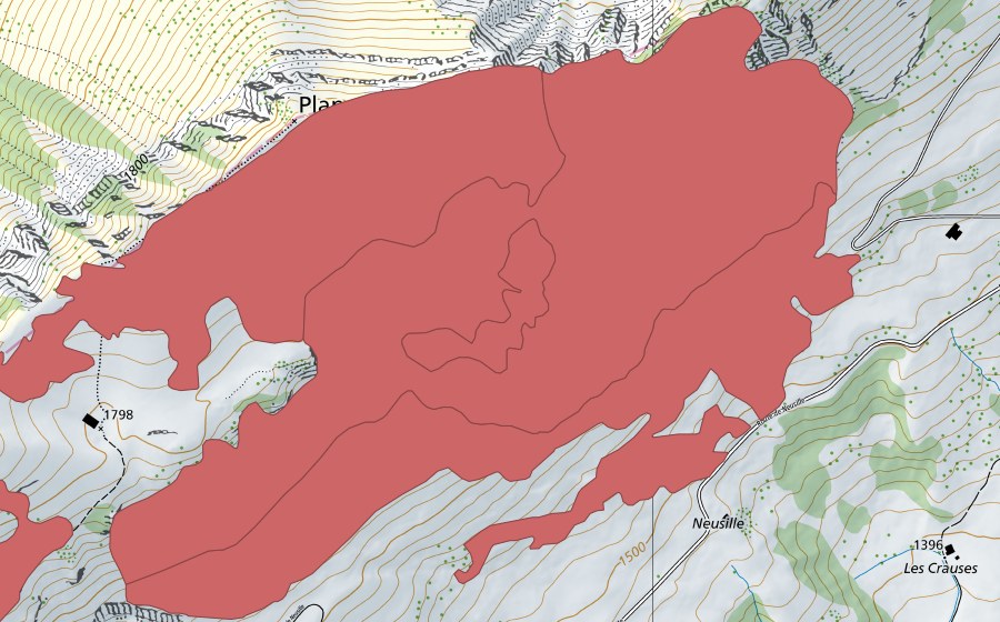 swisstopo national map showing the protected perimeter of Planachaux (Dry meadow)
