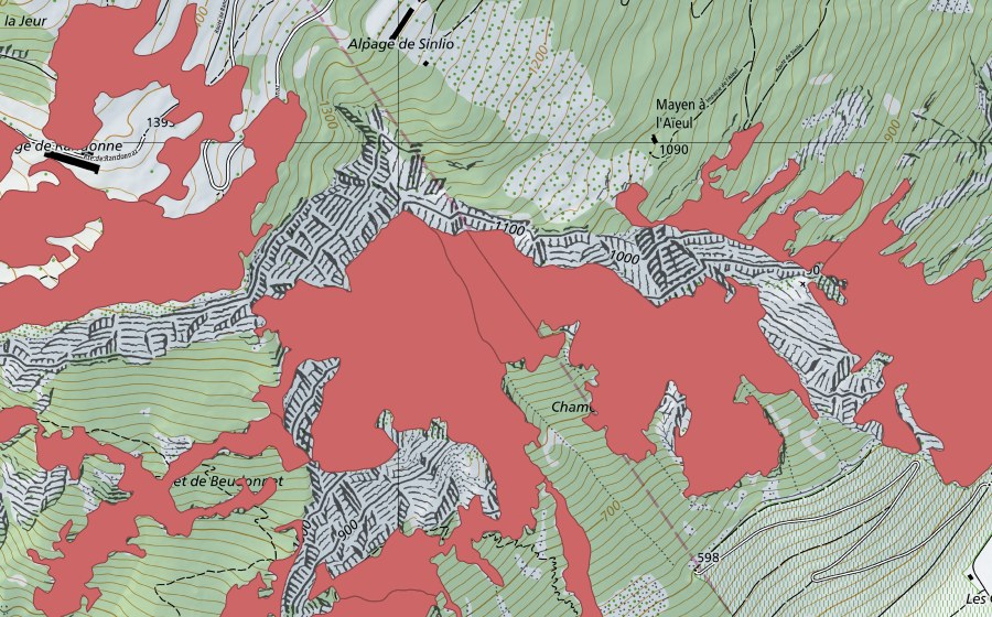 swisstopo national map showing the protected perimeter of Planches de Mazembroz (Dry meadow)