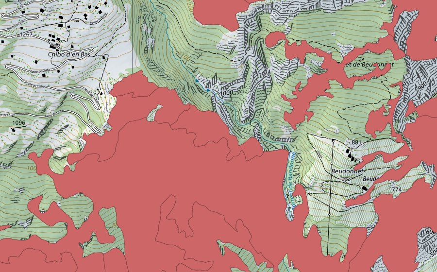 Carte nationale swisstopo avec le périmètre protégé de Planches de Mazembroz (Prairie sèche)