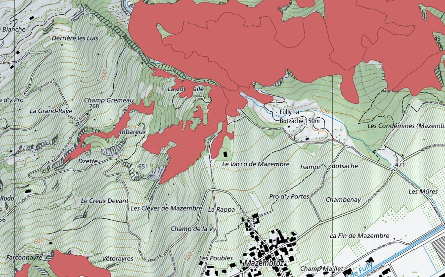 Landeskarte swisstopo mit dem Schutzperimeter von Planches de Mazembroz (Trockenwiese)
