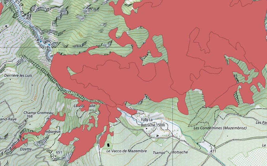 Carte nationale swisstopo avec le périmètre protégé de Planches de Mazembroz (Prairie sèche)