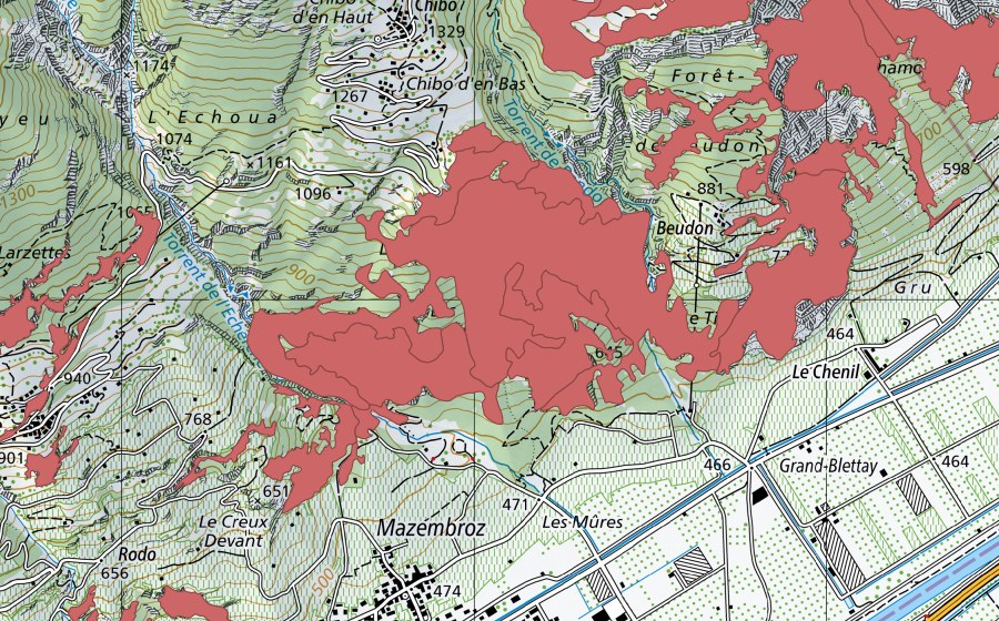 Landeskarte swisstopo mit dem Schutzperimeter von Planches de Mazembroz (Trockenwiese)