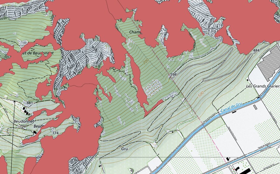 swisstopo national map showing the protected perimeter of Planches de Mazembroz (Dry meadow)