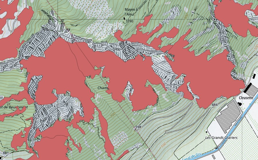 Landeskarte swisstopo mit dem Schutzperimeter von Planches de Mazembroz (Trockenwiese)