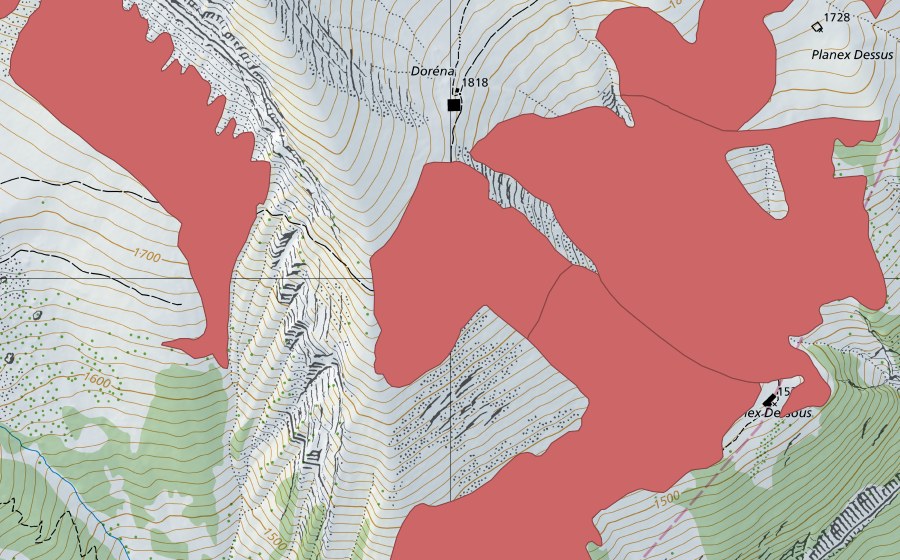 Carte nationale swisstopo avec le périmètre protégé de Planex Dessous (Prairie sèche)