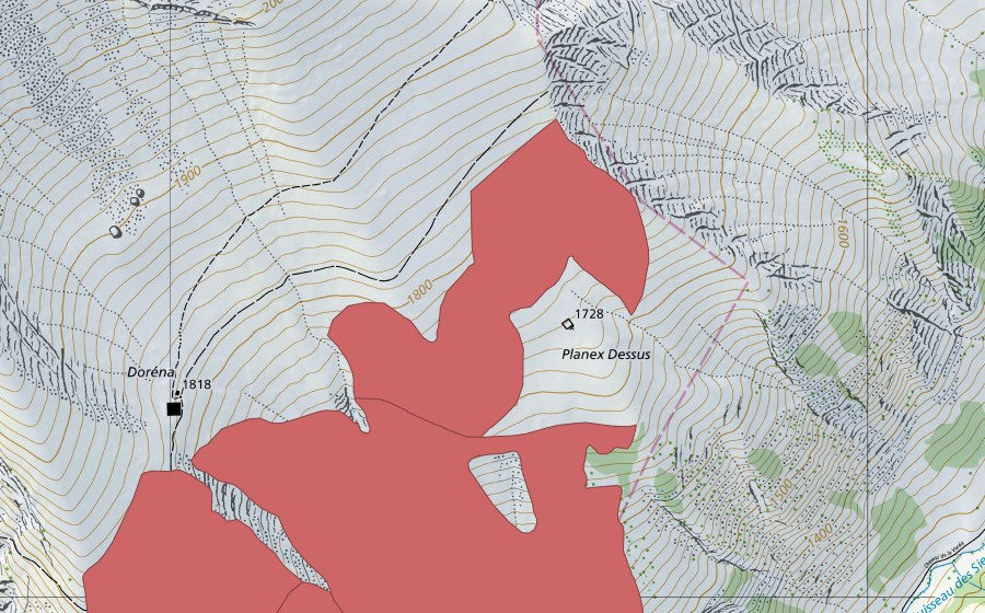 Landeskarte swisstopo mit dem Schutzperimeter von Planex Dessous (Trockenwiese)