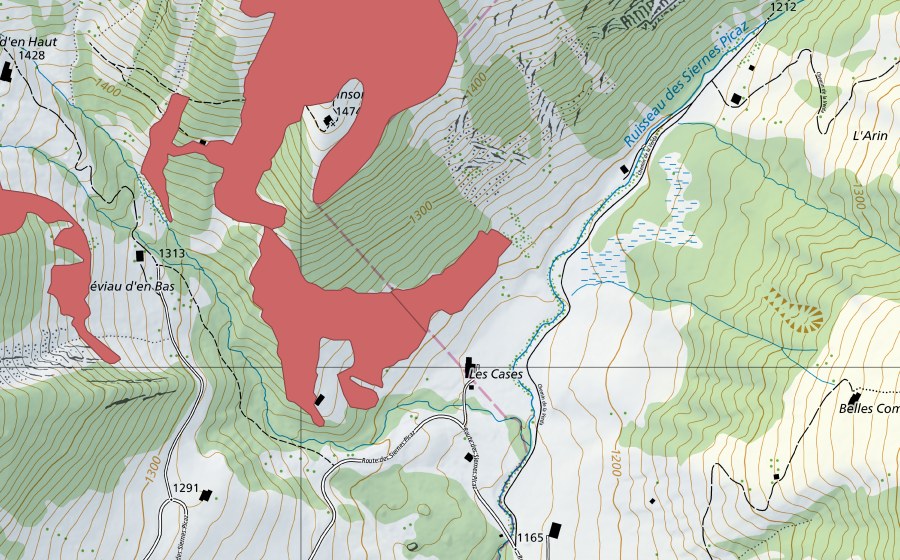 Landeskarte swisstopo mit dem Schutzperimeter von Planex Dessous (Trockenwiese)