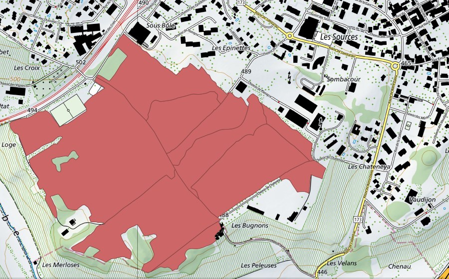 Landeskarte swisstopo mit dem Schutzperimeter von Planeyse (Trockenwiese)