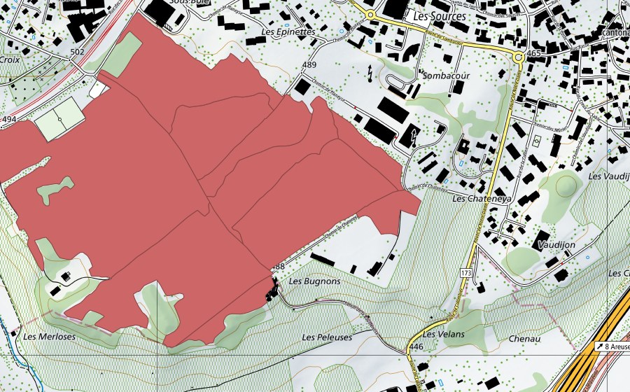 Carte nationale swisstopo avec le périmètre protégé de Planeyse (Prairie sèche)