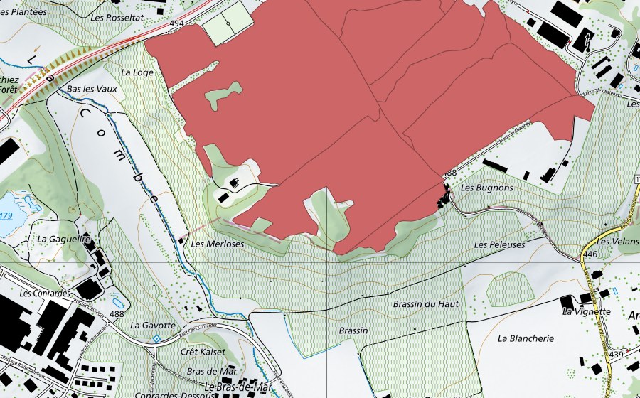 swisstopo national map showing the protected perimeter of Planeyse (Dry meadow)
