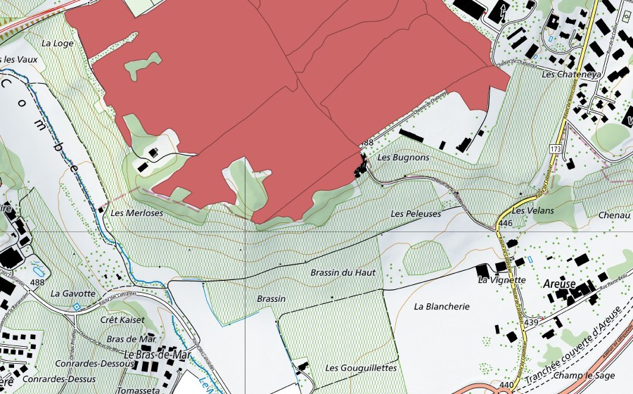 swisstopo national map showing the protected perimeter of Planeyse (Dry meadow)