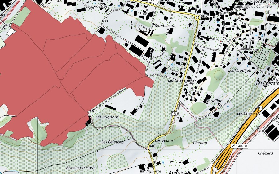 swisstopo national map showing the protected perimeter of Planeyse (Dry meadow)