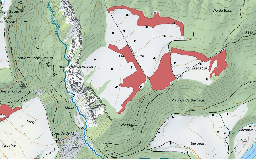 Carte nationale swisstopo avec le périmètre protégé de Planezzas-Sura (Prairie sèche)