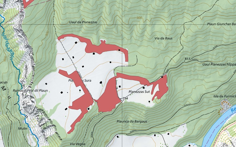 Carte nationale swisstopo avec le périmètre protégé de Planezzas-Sut (Prairie sèche)