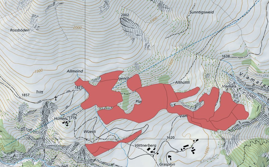 Carte nationale swisstopo avec le périmètre protégé de Planggen (Prairie sèche)