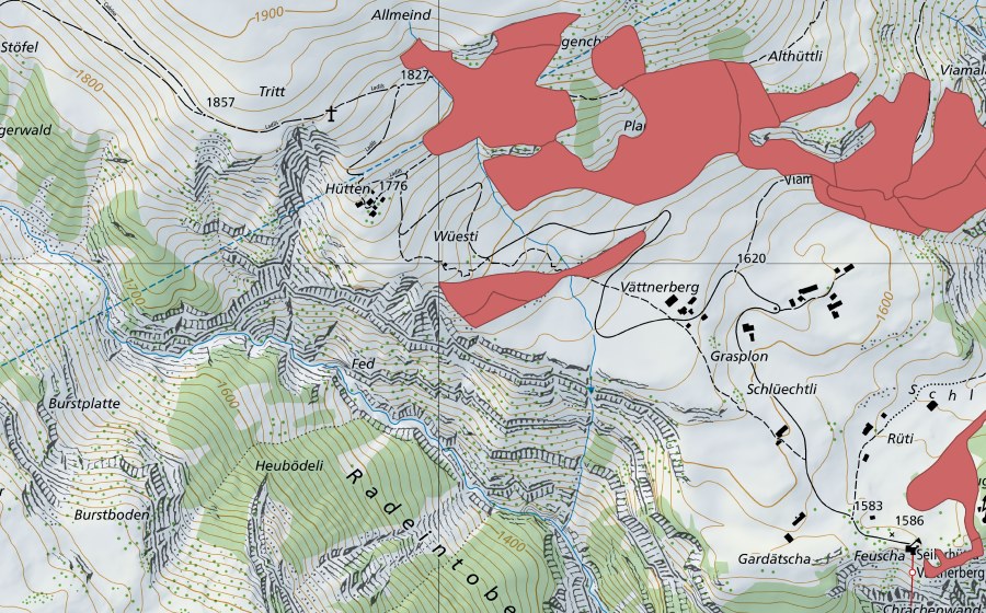 Carte nationale swisstopo avec le périmètre protégé de Planggen (Prairie sèche)