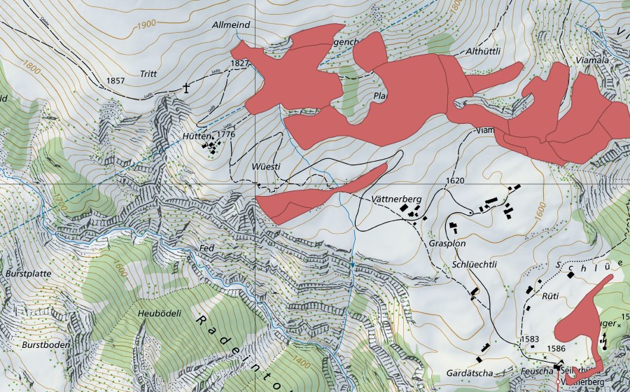 Carte nationale swisstopo avec le périmètre protégé de Planggen (Prairie sèche)