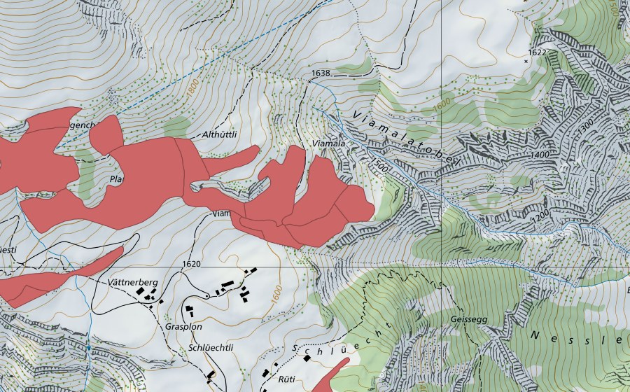 Carte nationale swisstopo avec le périmètre protégé de Planggen (Prairie sèche)