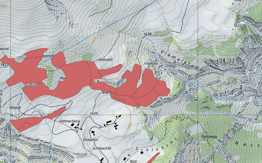 Carte nationale swisstopo avec le périmètre protégé de Planggen (Prairie sèche)