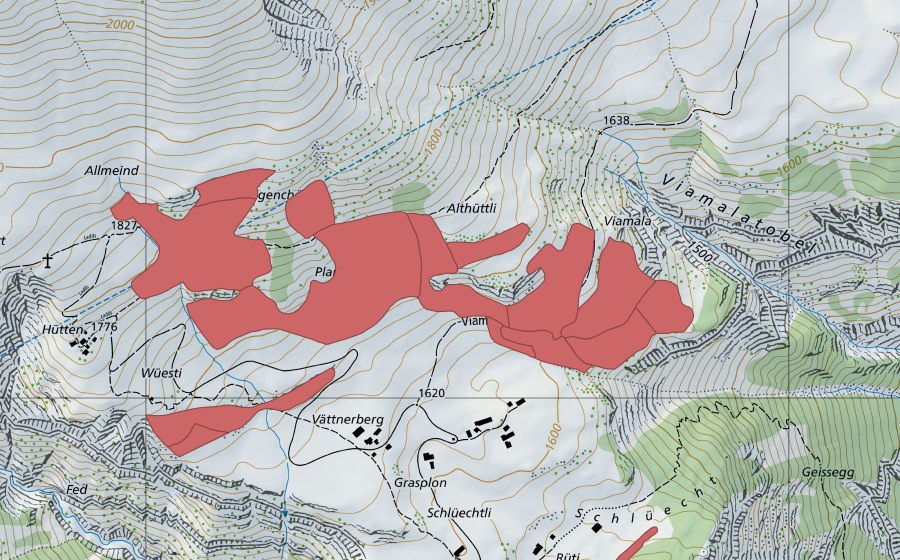 swisstopo national map showing the protected perimeter of Planggen (Dry meadow)