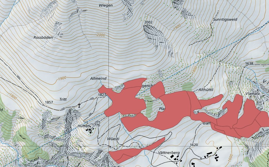 Carte nationale swisstopo avec le périmètre protégé de Planggen (Prairie sèche)