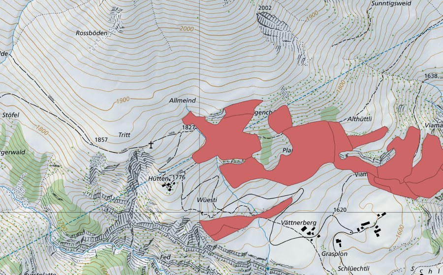 swisstopo national map showing the protected perimeter of Planggen (Dry meadow)