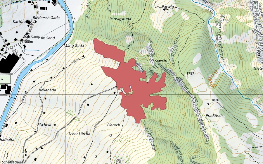 swisstopo national map showing the protected perimeter of Plansch (Dry meadow)