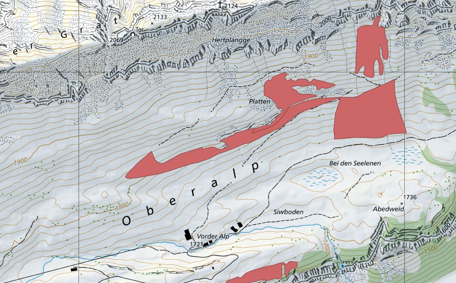 Landeskarte swisstopo mit dem Schutzperimeter von Platten (Trockenwiese)
