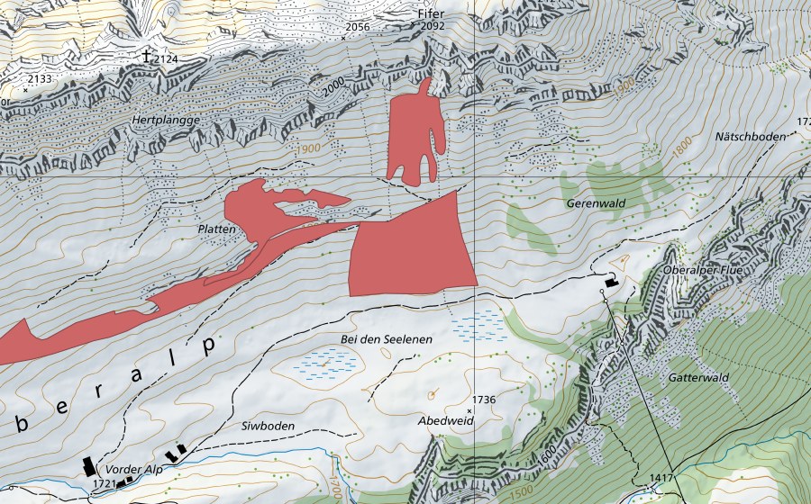 Carte nationale swisstopo avec le périmètre protégé de Platten (Prairie sèche)