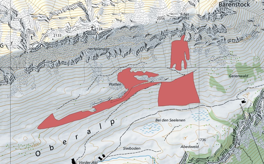 swisstopo national map showing the protected perimeter of Platten (Dry meadow)