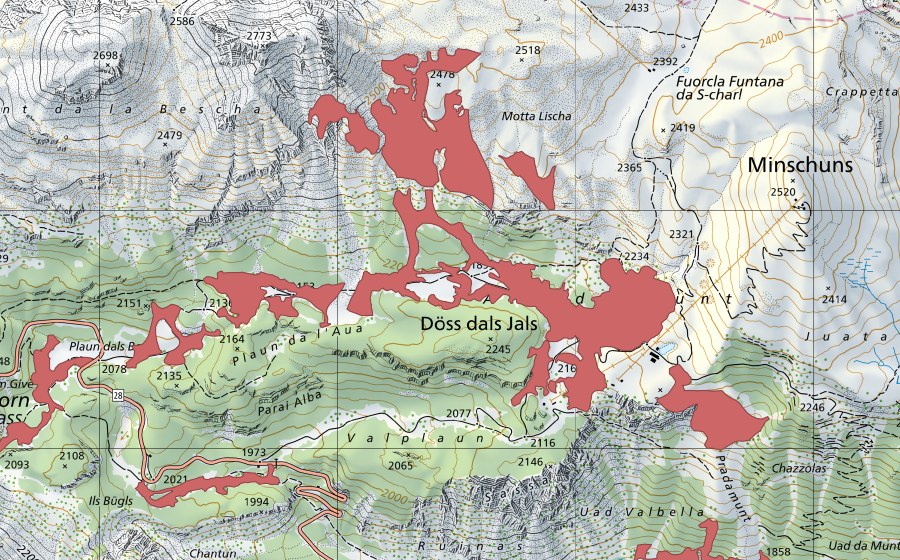 swisstopo national map showing the protected perimeter of Plaun da l'Aua (Dry meadow)