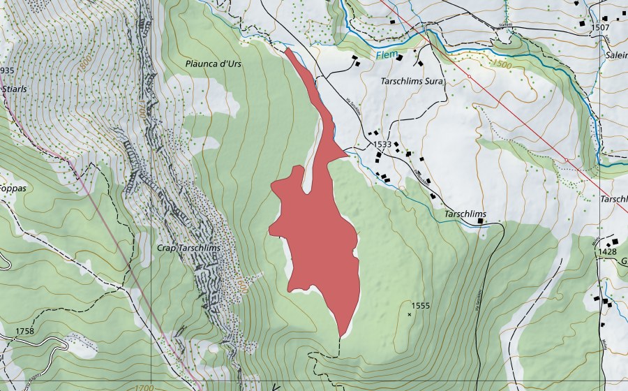 Carte nationale swisstopo avec le périmètre protégé de Plaun gl' Urs (Prairie sèche)