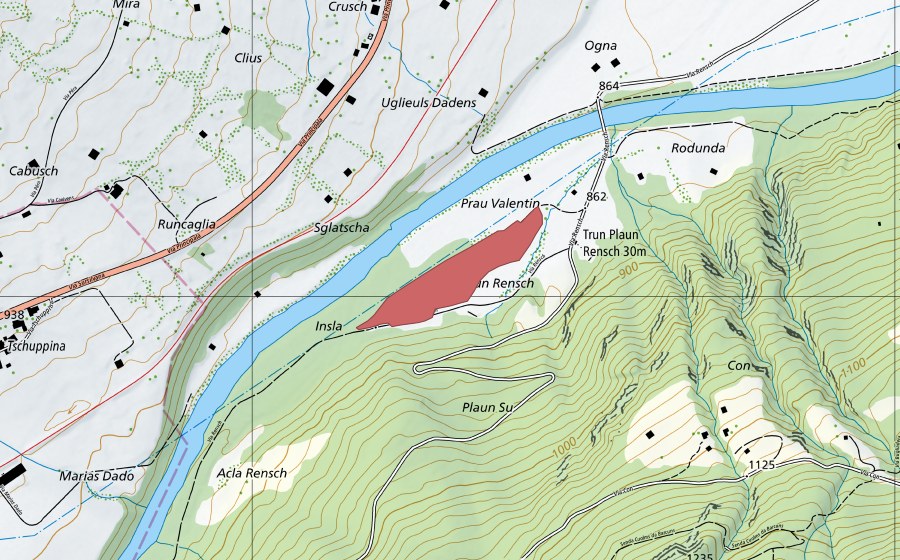 swisstopo national map showing the protected perimeter of Plaun Rensch (Dry meadow)