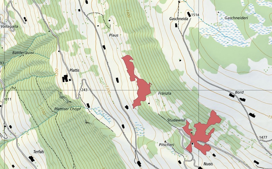 Carte nationale swisstopo avec le périmètre protégé de Plausi (Prairie sèche)