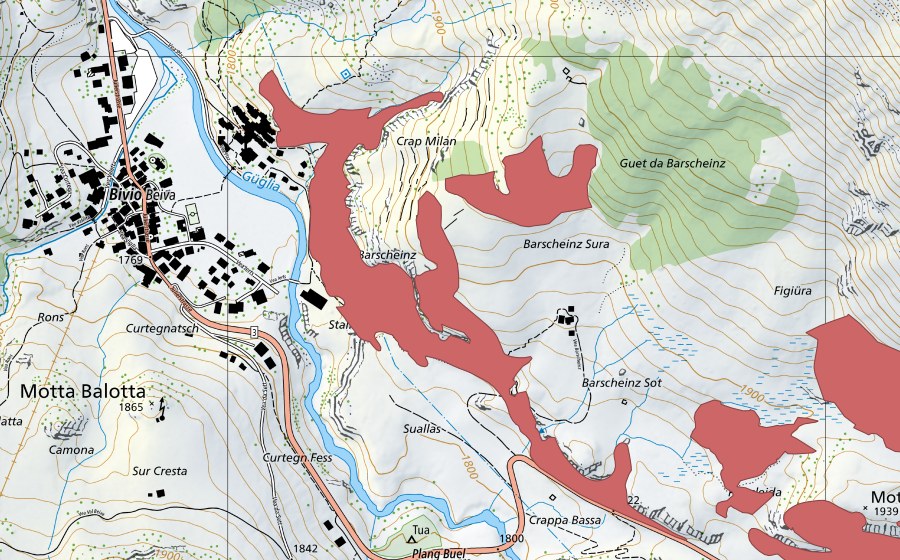 Carte nationale swisstopo avec le périmètre protégé de Plaz (Prairie sèche)