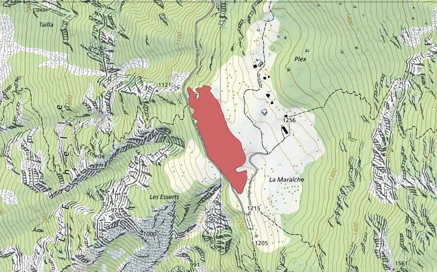 Carte nationale swisstopo avec le périmètre protégé de Plex (Prairie sèche)