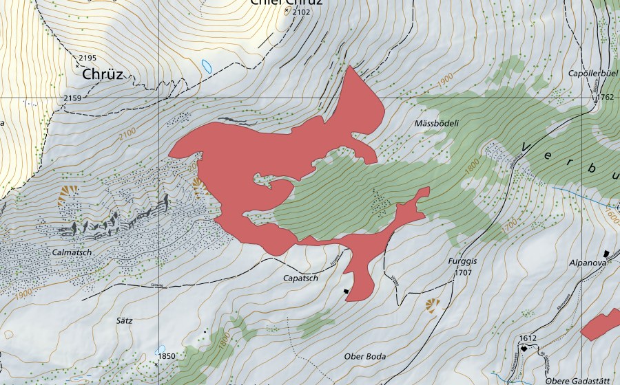 swisstopo national map showing the protected perimeter of Plonggis (Dry meadow)