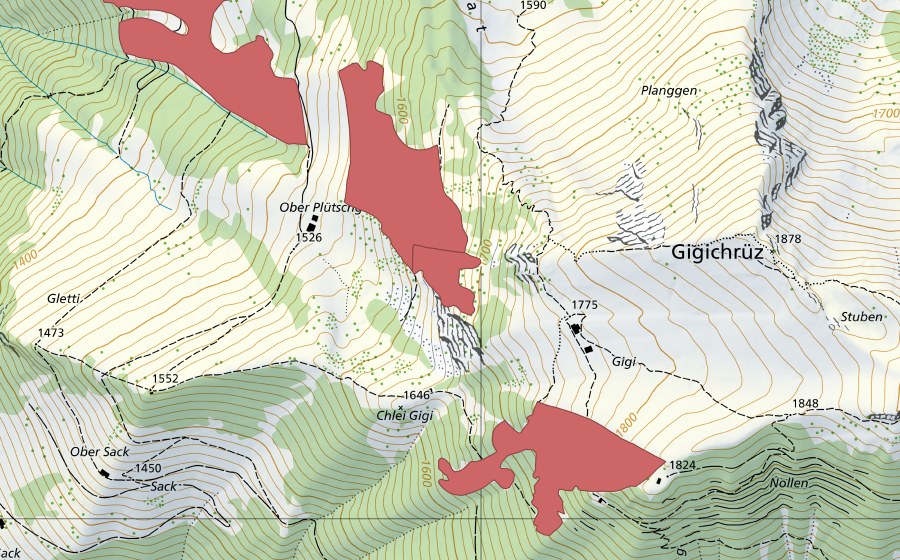 Landeskarte swisstopo mit dem Schutzperimeter von Plütschgen (Trockenwiese)