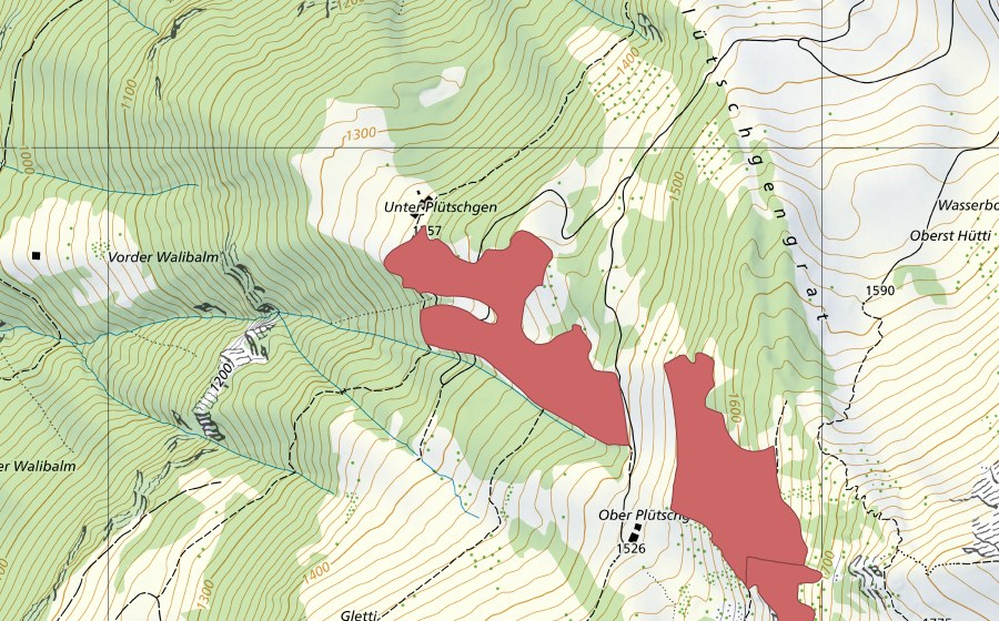 swisstopo national map showing the protected perimeter of Plütschgen (Dry meadow)