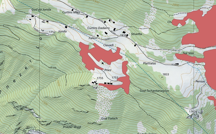 Carte nationale swisstopo avec le périmètre protégé de Pnez (Prairie sèche)