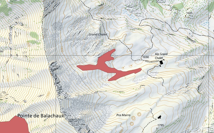 Landeskarte swisstopo mit dem Schutzperimeter von Pointe de Balachaux (Trockenwiese)