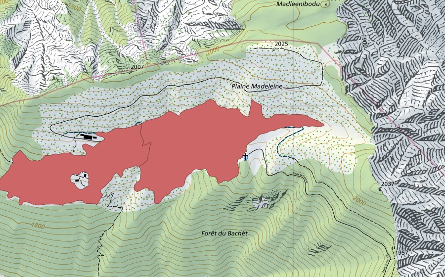 Landeskarte swisstopo mit dem Schutzperimeter von Ponchet (Trockenwiese)