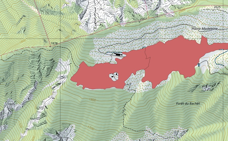 Carte nationale swisstopo avec le périmètre protégé de Ponchet (Prairie sèche)