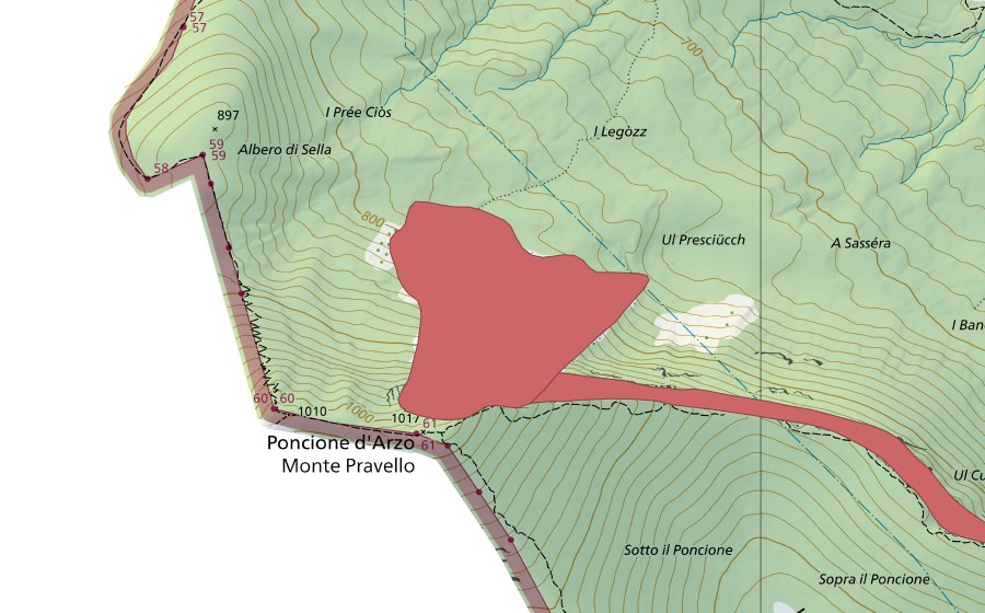 Carte nationale swisstopo avec le périmètre protégé de Poncione d'Arzo (Prairie sèche)