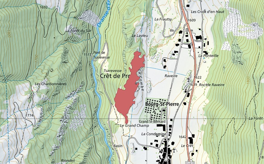 Carte nationale swisstopo avec le périmètre protégé de Pont de Tsarevesse (Prairie sèche)