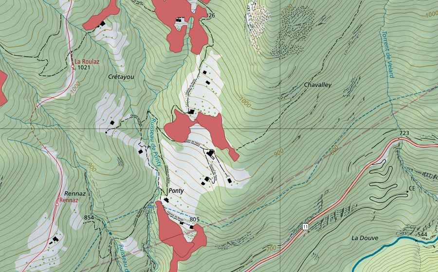 swisstopo national map showing the protected perimeter of Ponty (Dry meadow)