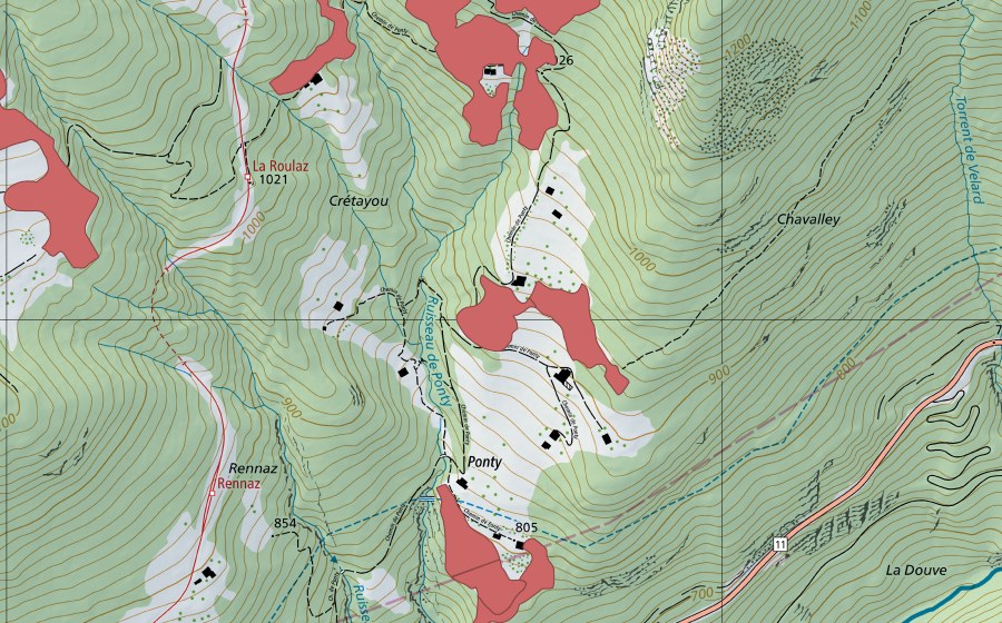 swisstopo national map showing the protected perimeter of Ponty (Dry meadow)