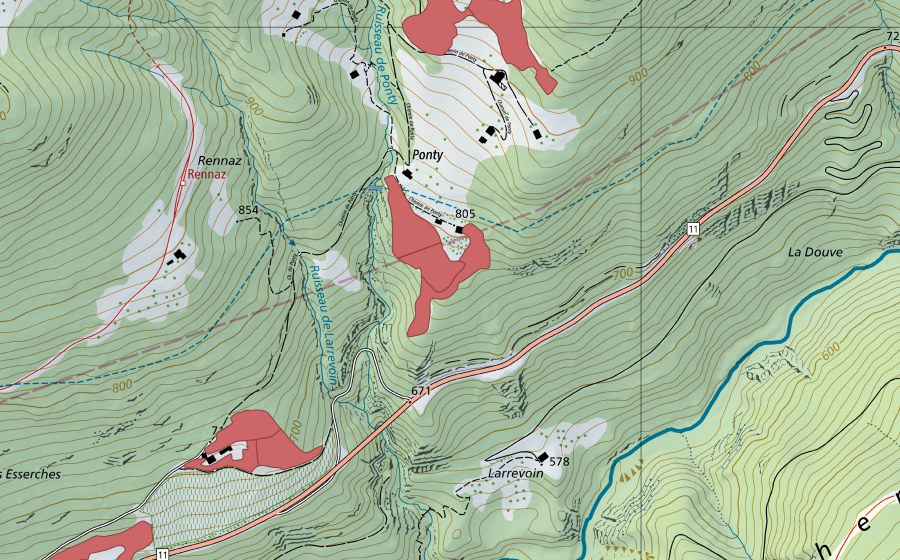 Landeskarte swisstopo mit dem Schutzperimeter von Ponty (Trockenwiese)