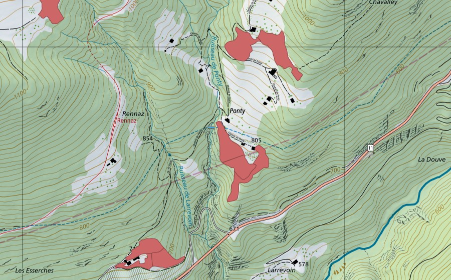 Landeskarte swisstopo mit dem Schutzperimeter von Ponty (Trockenwiese)